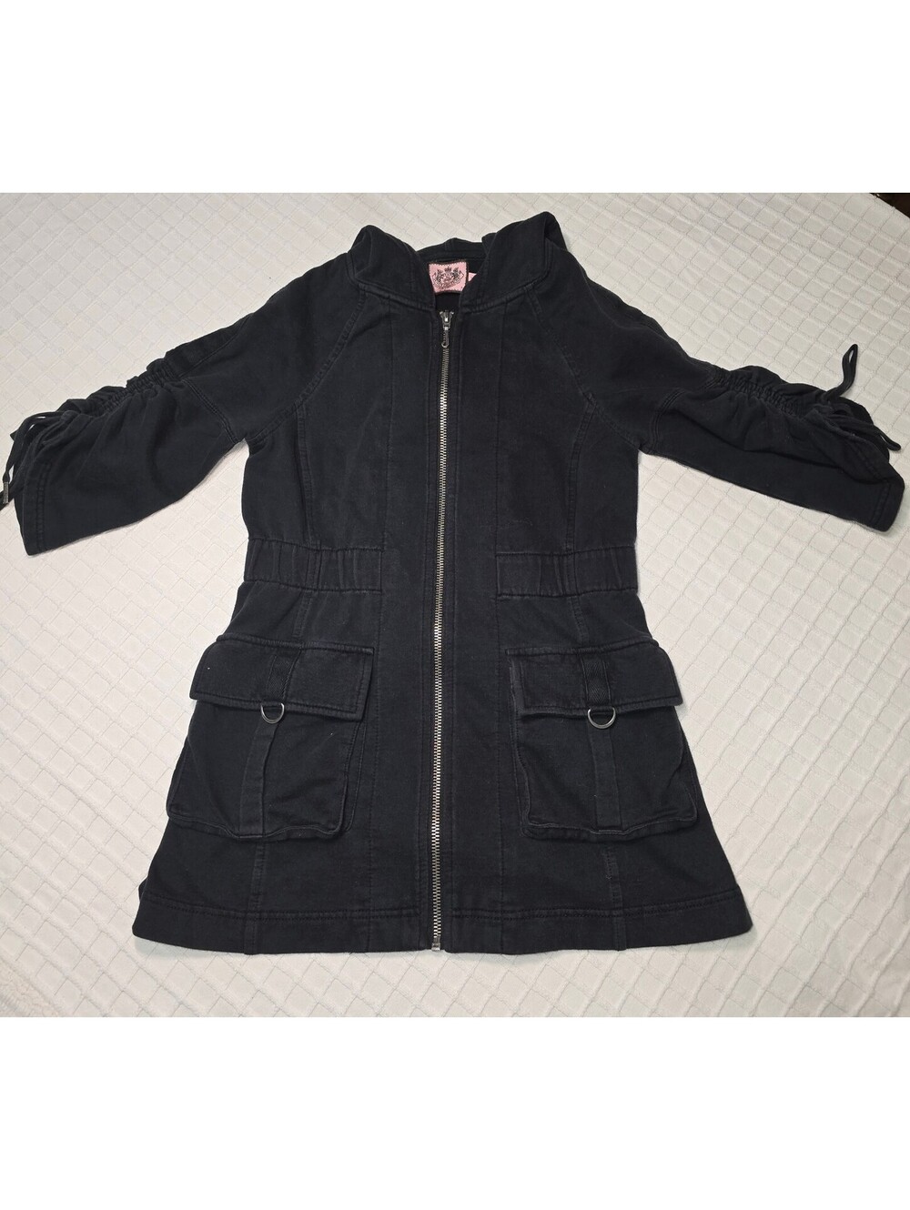 Vintage Juicy Couture Black Utility Day Coat Zip Hoodie Jacket Womens P XS 2000s